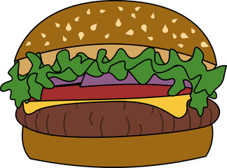 Simple Line Art Delicious Hamburger with Onion and Lettuce Illustration