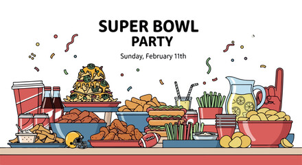 Super Bowl party food spread with football and drinks