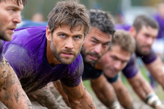 Rugby players engaged in muddy practice on a field during a cloudy day in autumn