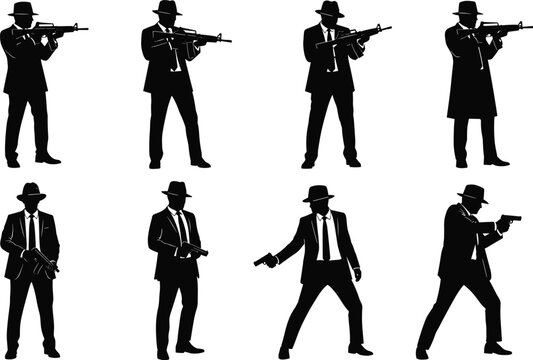 Gangster silhouettes with guns and tommy guns, vintage mafia men in suits and hats, mobster holding pistol and machine gun, crime underworld character 