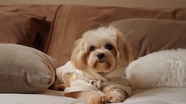 Small Maltese dog relaxing on couch with soft pillows in cozy setting  