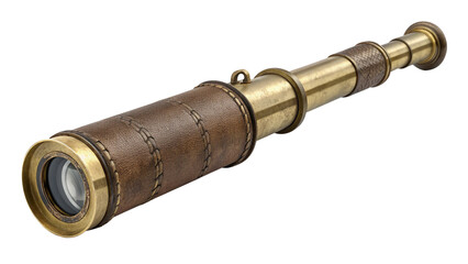 Antique brass and leather spyglass telescope isolated on transparent background