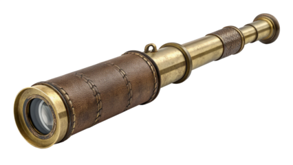 Antique brass and leather spyglass telescope isolated on transparent background