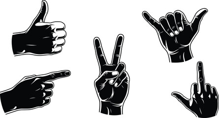 Hand gesture silhouettes thumbs up peace sign pointer shaka rock on middle finger, expressive human hands collection, communication symbols and 