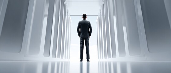 CEO silhouette overlooking giant AI server hall, strategic business mood, cinematic, copy space,