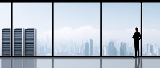 CEO silhouette overlooking giant AI server hall, strategic business mood, cinematic, copy space,