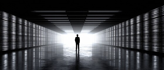 CEO silhouette overlooking giant AI server hall, strategic business mood, cinematic, copy space,