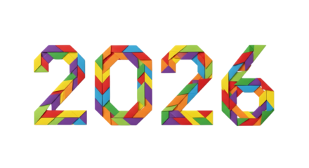 Colorful geometric pattern forming the year 2026 isolated on transparent background