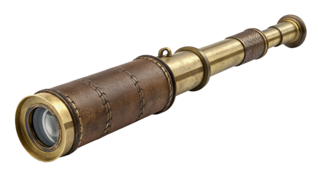 Antique brass and leather spyglass telescope isolated on transparent background