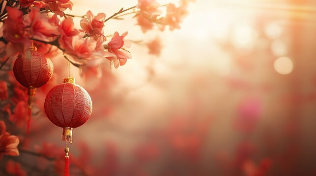 Two red lanterns hang from a branch adorned with blooming cherry blossoms, creating a warm and festive atmosphere with a blurred background of golden light. - Powered by Adobe