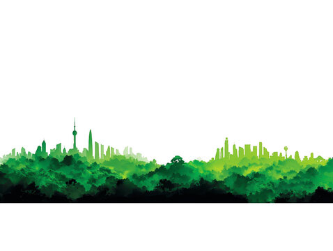 Green city skyline with tall buildings and lush trees, blending urban architecture and nature, symbolizing eco friendly living and sustainable urban development