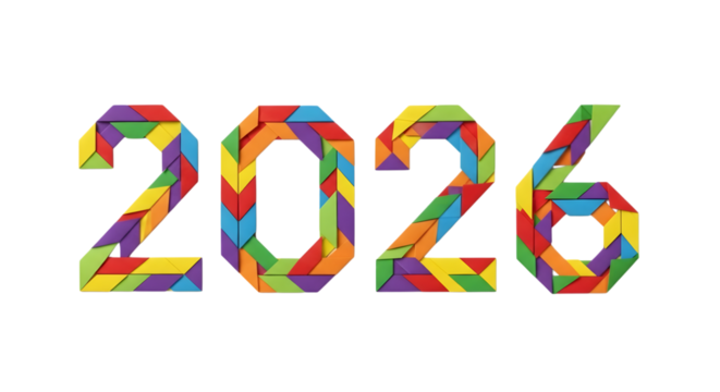 Colorful geometric pattern forming the year 2026 isolated on transparent background