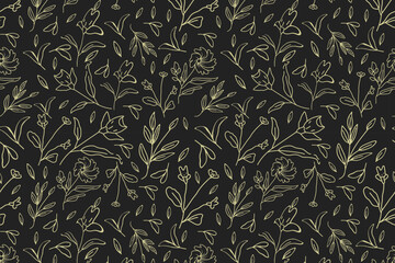 Dark botanical seamless floral pattern with elegant hand-drawn leaves and organic flower creating a rich decorative background perfect for textiles, packaging, wallpaper and modern design.