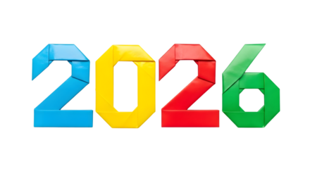 Colorful origami numbers 2026 isolated on transparent background