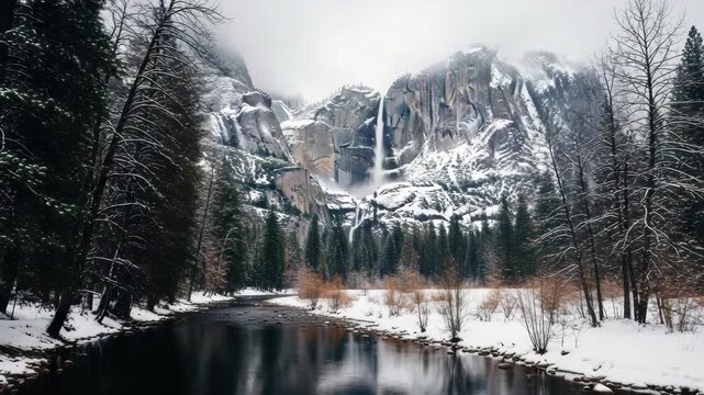 Serene winter panorama of yosemite national park with its famous waterfall. The calm merced river reflects the snow covered pine forest and majestic granite mountains