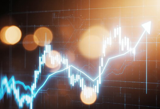 Abstract digital stock market chart with glowing blue lines and bokeh effects representing financial growth and analysis