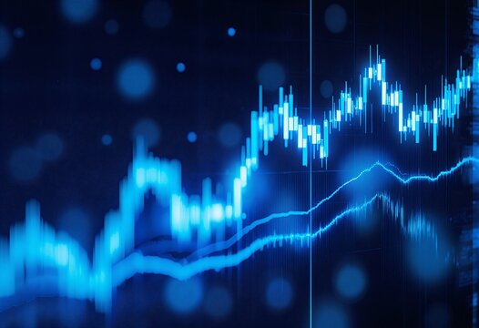 Abstract digital stock market chart with glowing blue lines and bokeh effects representing financial growth and analysis
