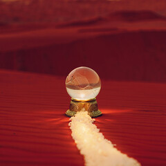 Crystal ball on a golden stand on a red sandy surface