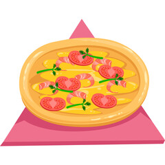 Pixel Art Style Pizza With Shrimp And Tomatoes On A Pink Triangle Plate Simple Flat Design