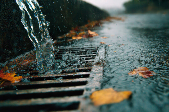Storm drain hatch captures rainwater flow during a rainy day in a city street