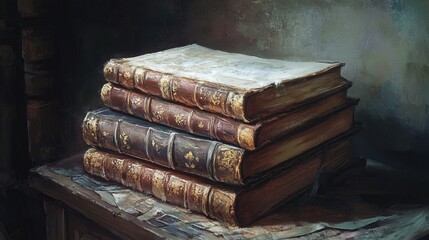A stack of antique books rests on a weathered wooden table, bathed in dramatic shadows, evoking a sense of mystery and forgotten knowledge.