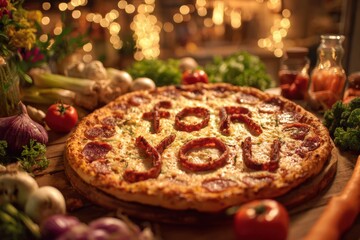 A warm, festive pizza topped with pepperoni letters spelling &ldquo;FOR YOU,&rdquo; surrounded by fresh vegetables and glowing lights