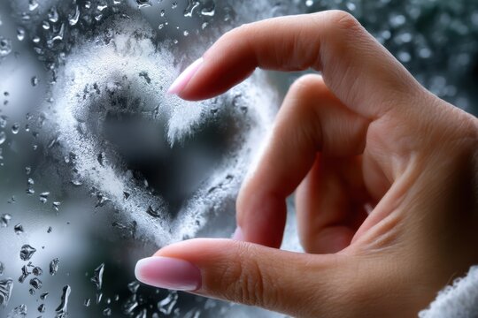 Creating a heart shape on a foggy window with a hand during rainy weather