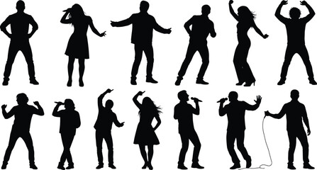 Party dancing silhouettes singers with microphones, concert crowd people moving to music, men and women dancing poses, karaoke night performance 