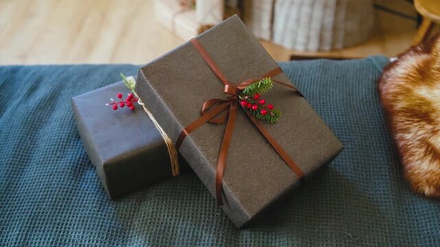 Two rustic gift boxes tied with brown ribbon and decorated with pine sprigs and red berries sit on a blue woven blanket. Close up.