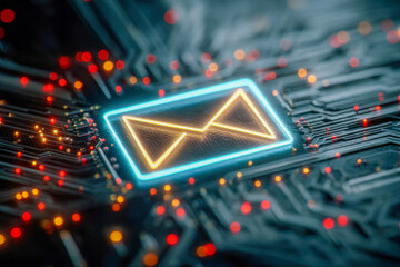 Glowing neon envelope icon embedded on futuristic circuit board representing digital communication and secure electronic messaging technology system