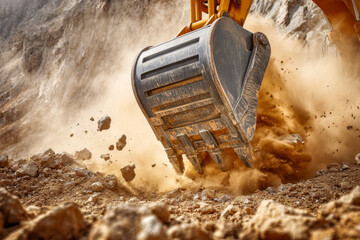 Heavy excavator bucket digging into rocky soil sending dust and debris into the air at an active construction or mining site during earth moving operations