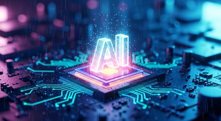 Artificial intelligence ai letters on microchip Technology and innovation symbol futuristic chipset with circuit board and blue neon light effect