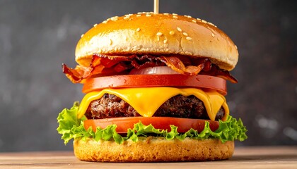 Delicious Bacon Cheeseburger with Fresh Ingredients on a Wooden Surface.