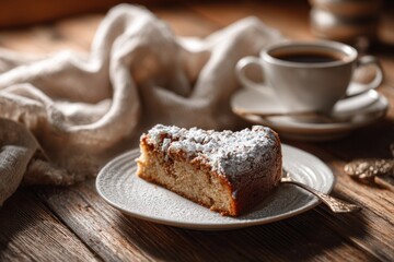 slice of homemade cake on white plate and cup of coffee