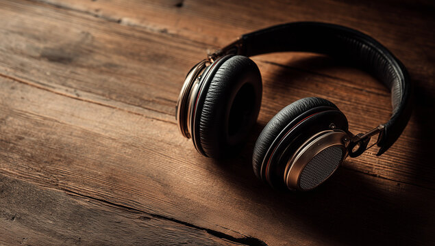 Wireless headphones lying on wooden desk - Powered by Adobe
