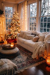 A cozy living room glows with soft Christmas lights, a decorated tree, warm candles, and plush blankets creating a peaceful holiday haven