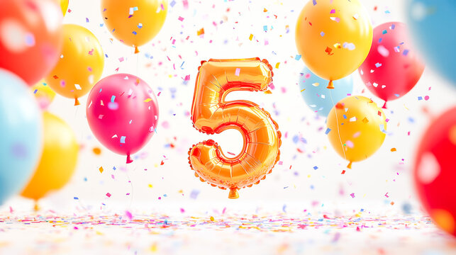 Festive celebration with colorful balloons and a large number five balloon for a special milestone