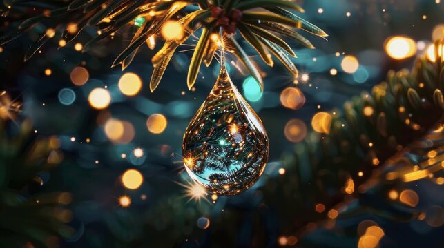 a drop of water suspended on a pine needle, with a perfectly reflected, tiny Christmas tree light visible within the droplet - Powered by Adobe