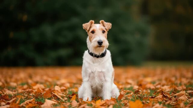 Wide panoramic banner of an adorable wire fox terrier sitting on a lawn with fallen autumn leaves. Repeating sequence portrait of a cute purebred puppy for a website header