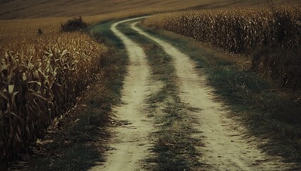 Winding dirt road through a dry cornfield under a muted sky agriculture rural