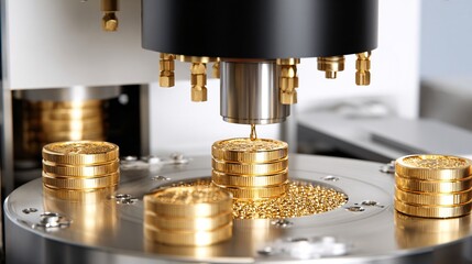 Automated factory producing gold coins and AI chips, economy automation, surreal,