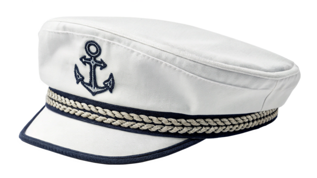 White sailor cap with anchor emblem isolated on transparent background