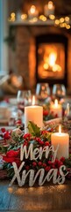 A warm Christmas table setting with a glowing candle, festive red berries, ornaments, and a glittery &ldquo;Merry Xmas&rdquo; sign before a cozy fireplace