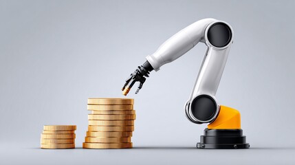 Automated factory producing gold coins and AI chips, economy automation, surreal,