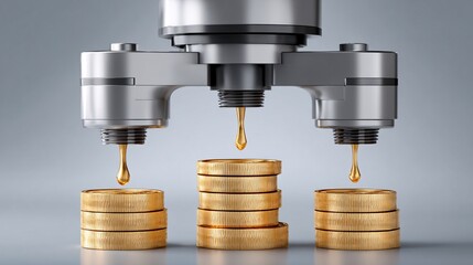 Automated factory producing gold coins and AI chips, economy automation, surreal,