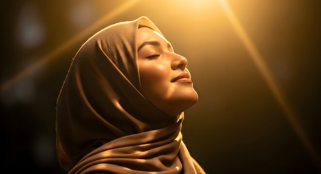 A serene woman wearing a hijab enjoying the warm glow of sunlight with her eyes closed and a peaceful expression on her face