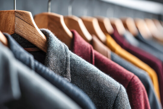 Row of tailored men's jackets hanging on wooden hangers showcasing a variety of colors and textured fabrics in a stylish retail store setting - Powered by Adobe