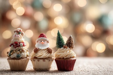 Festive cupcakes decorated with a tiny bear, Santa, and snowy trees set against a soft glowing holiday bokeh background