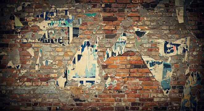 Weathered Brick Wall with Torn Posters, An Urban Texture Backdrop