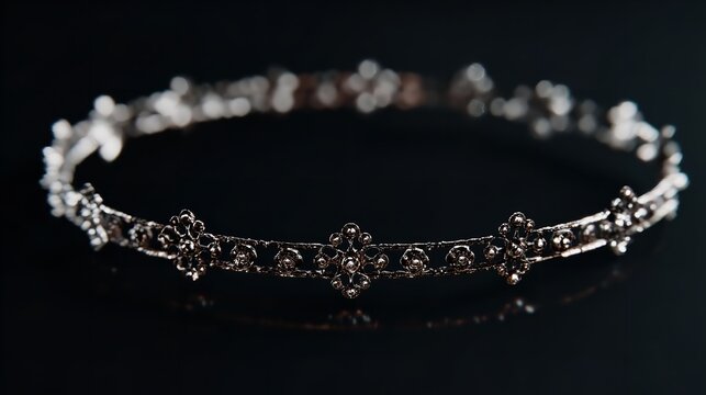 Elegant floral headpiece with metallic finish on a sleek black background.